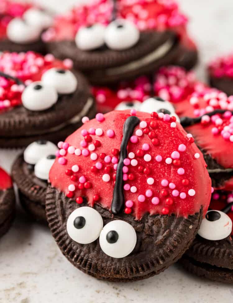 Ladybug Cookies stacked on serving plate ready to enjoy for Valentine's Day