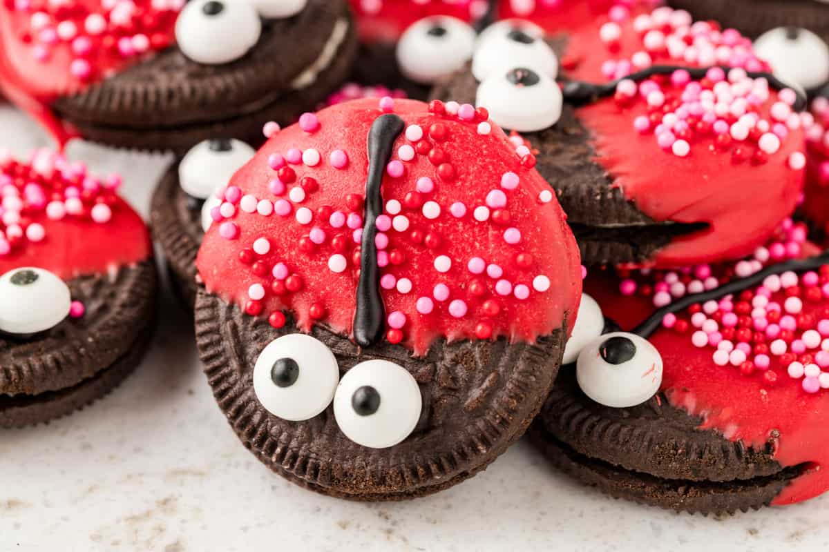 Ladybug Oreo Cookies stacked on serving plate