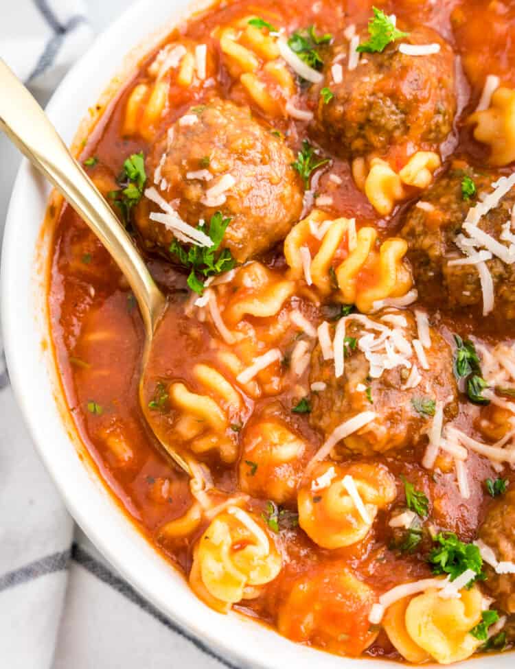 Italian Meatball Soup in bowl with spoon