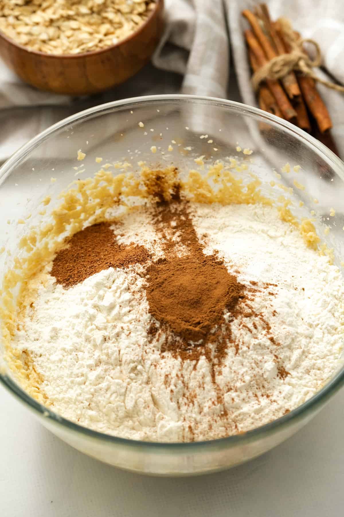 Ingredients for Oatmeal Cookies in glass bowl