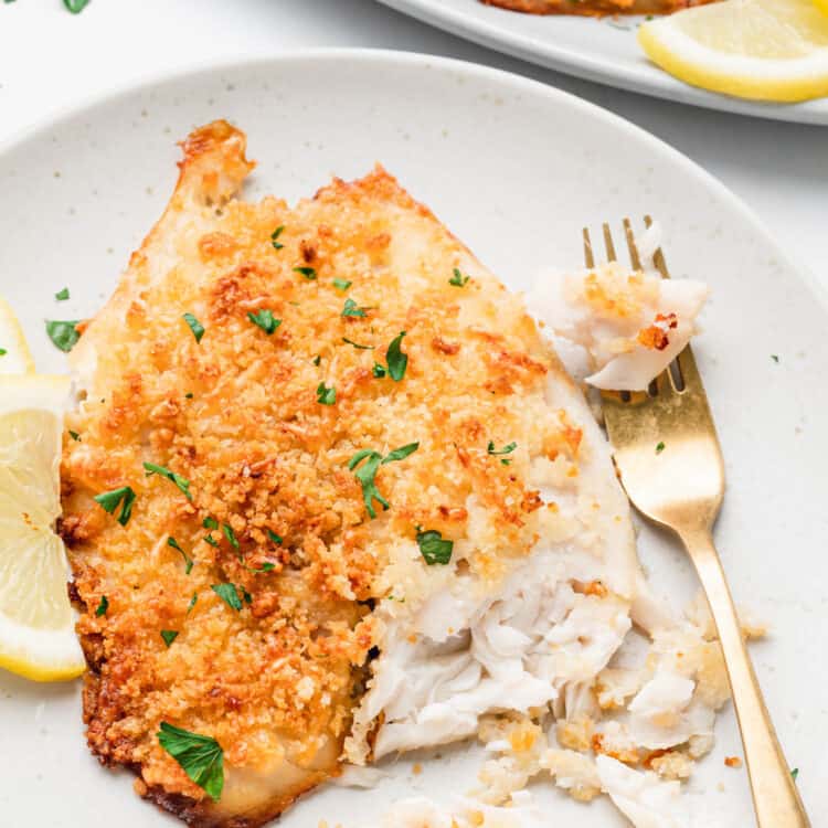 Parmesan Crusted Tilapia on plate with fork