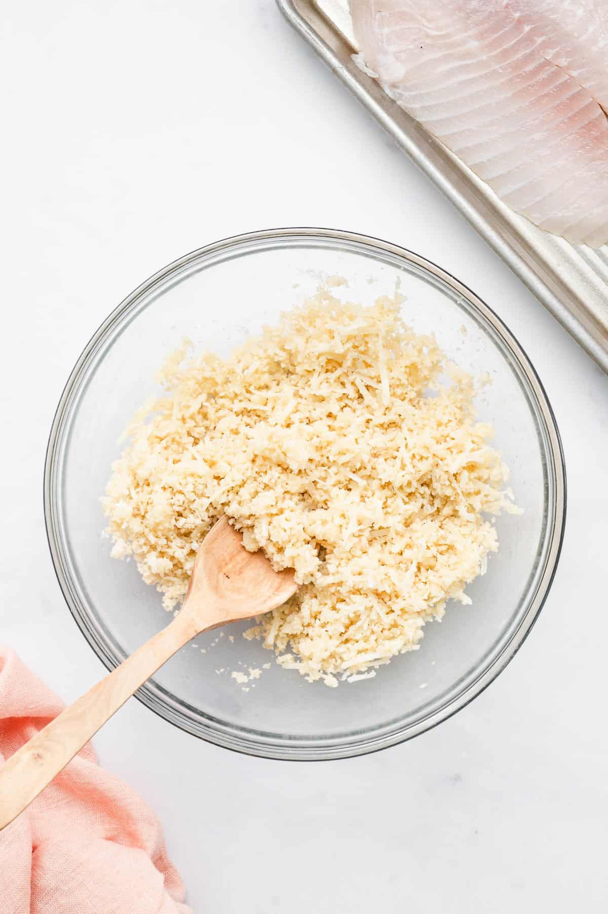 Combined ingredients in mixing bowl for Parmesan Crusted Tilapia recipe