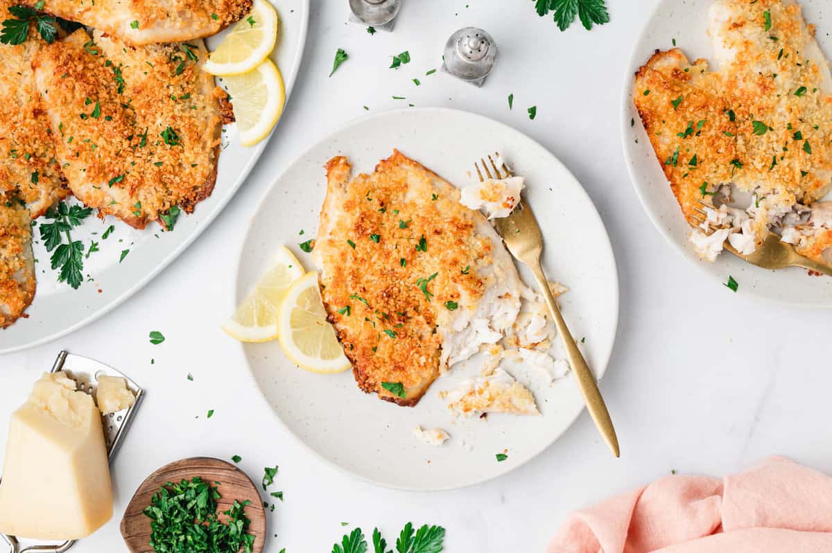 Parmesan Crusted Tilapia on plate with fork