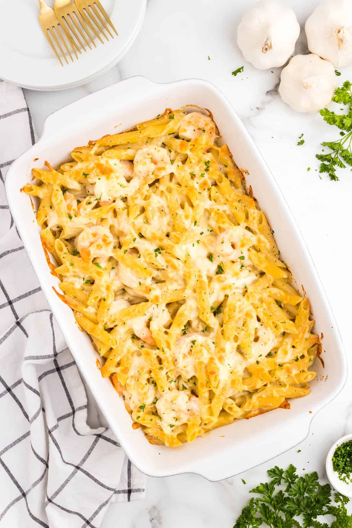 Shrimp Alfredo Bake in baking dish hot out of the oven