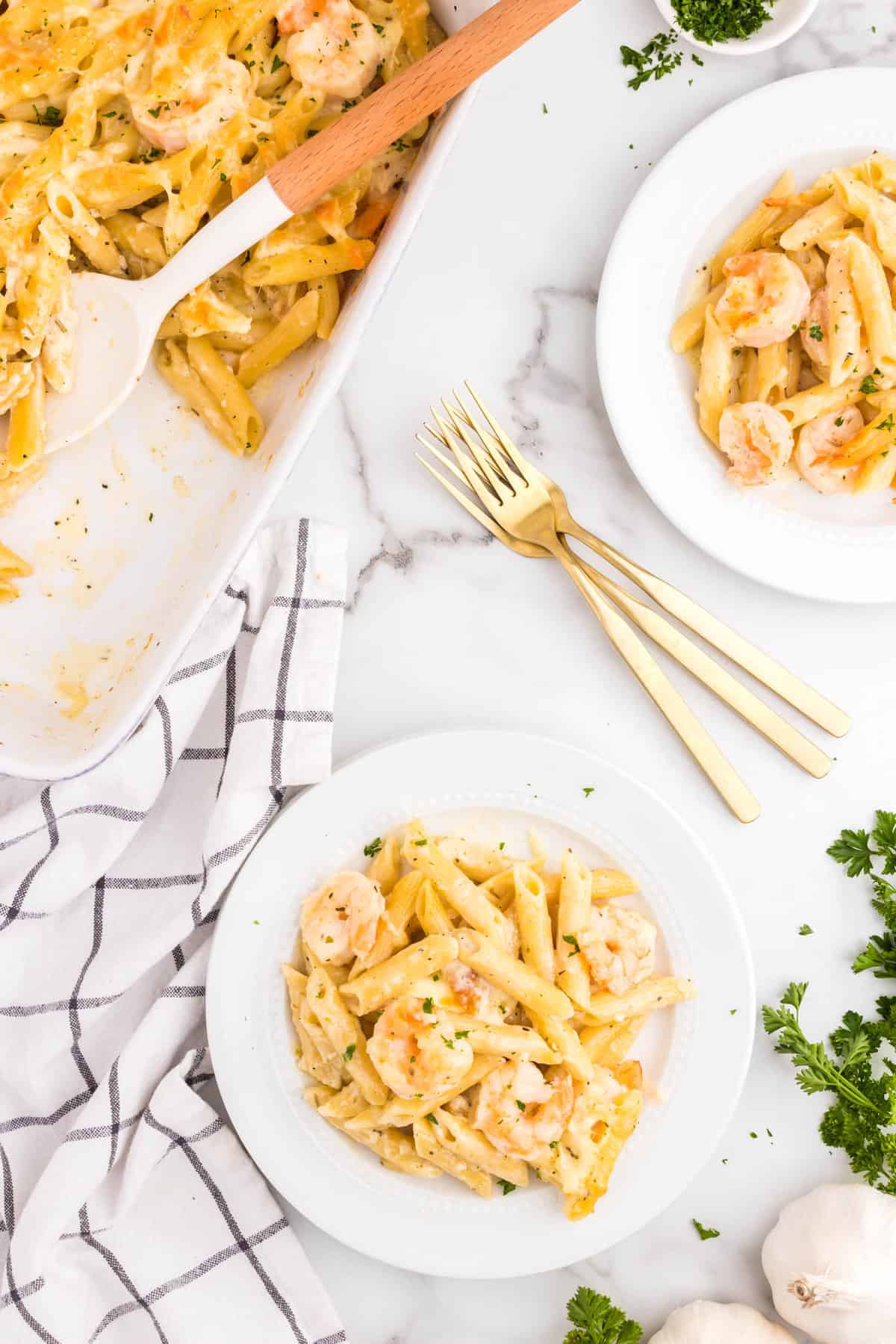 Shrimp Alfredo Bake on plate 