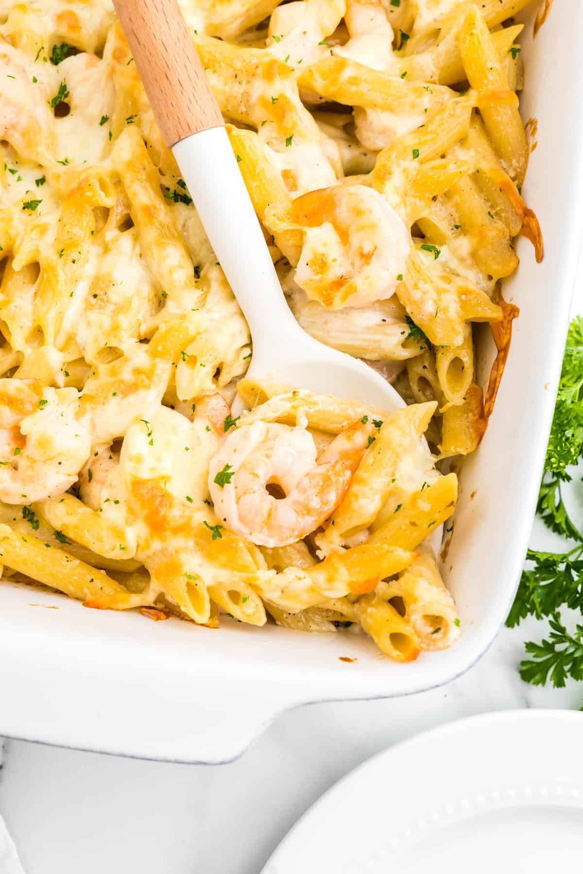 Shrimp Alfredo Bake in baking dish with scoop