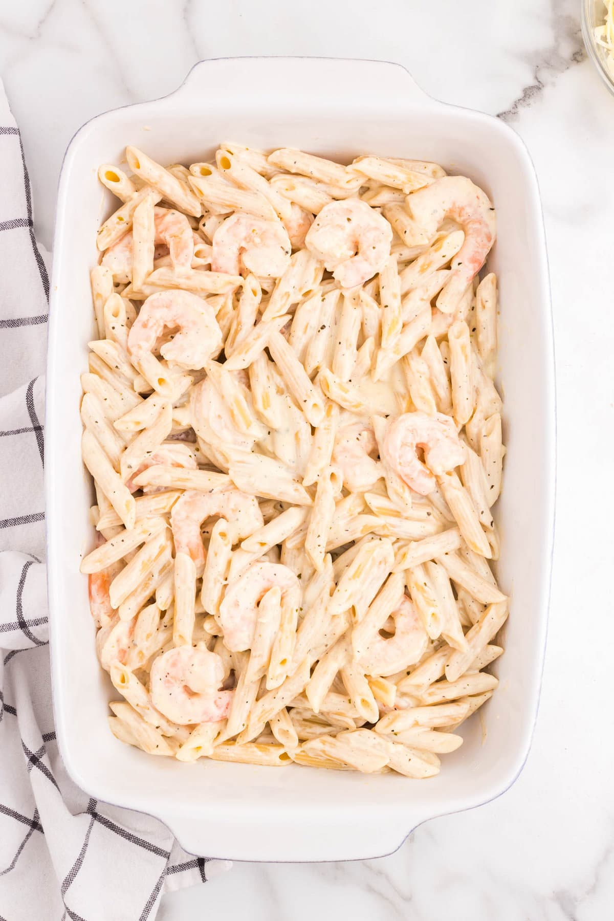 Shrimp Alfredo Bake in 9x13 baking dish prior to baking