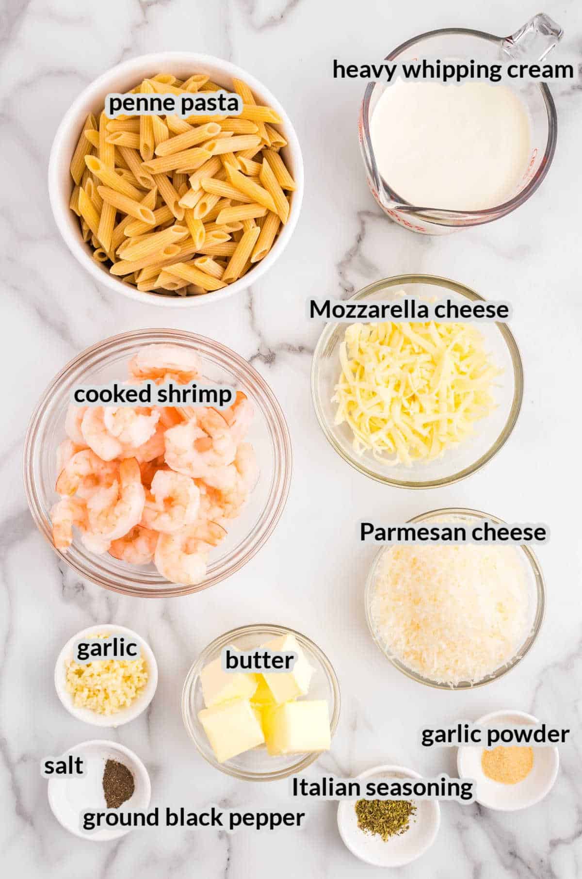 Overhead Image of Shrimp Alfredo Bake Ingredients