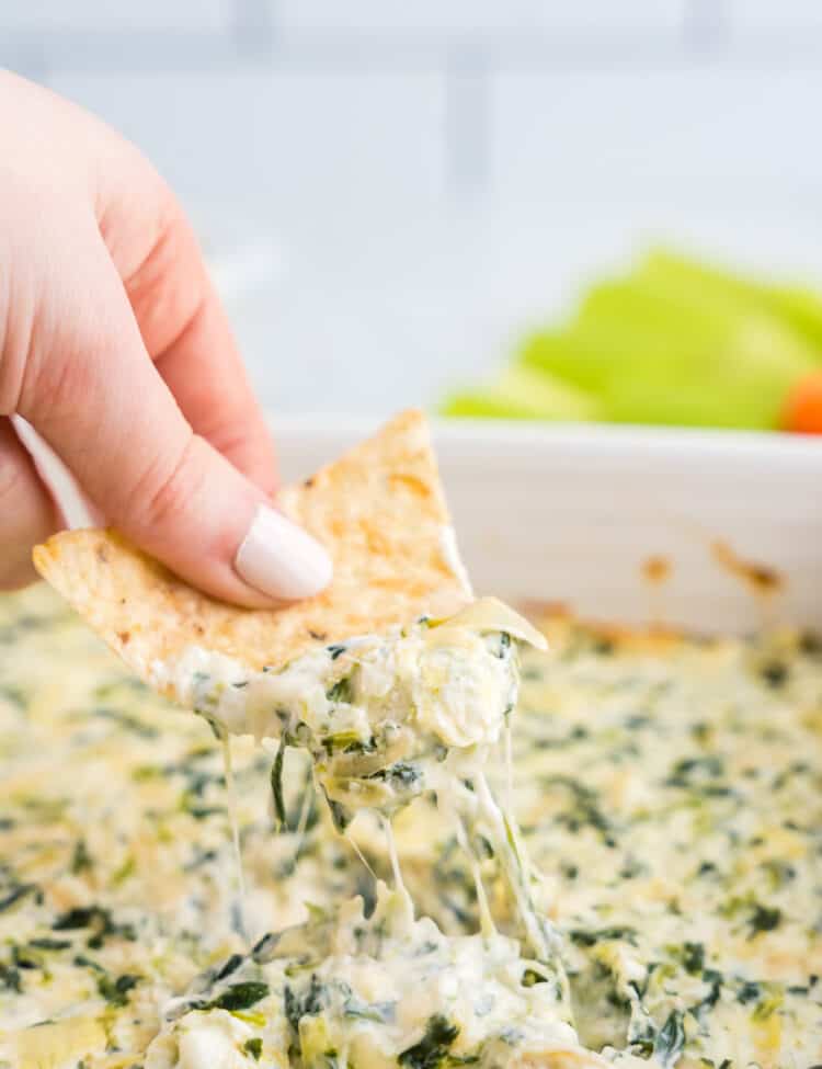 Using tortilla chip to scoop Spinach Artichoke Dip from baking dish