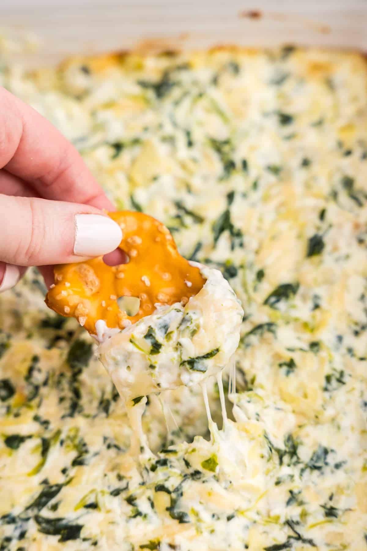 Using a pretzel to dip Spinach Artichoke Dip from baking dish