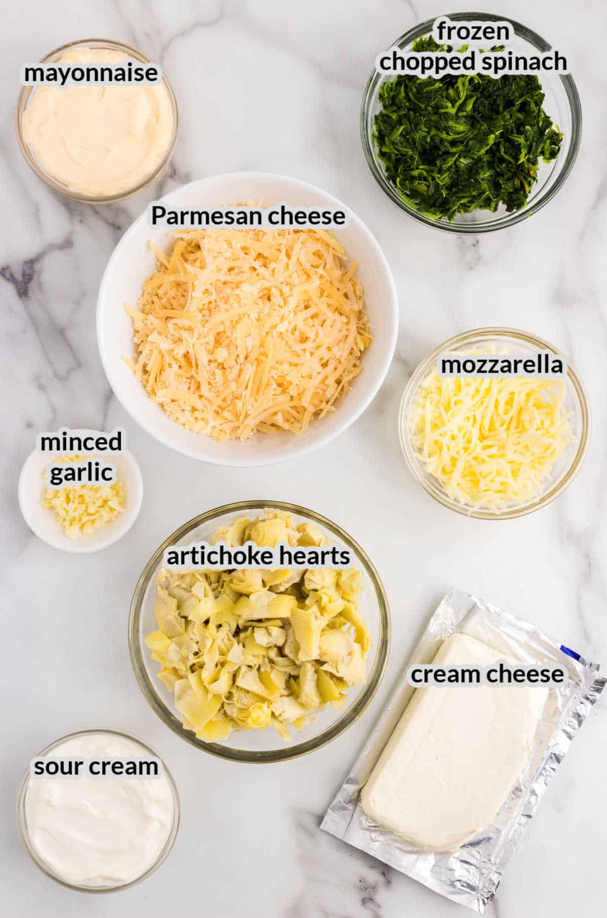 Overhead Image of Spinach Artichoke Dip Ingredients