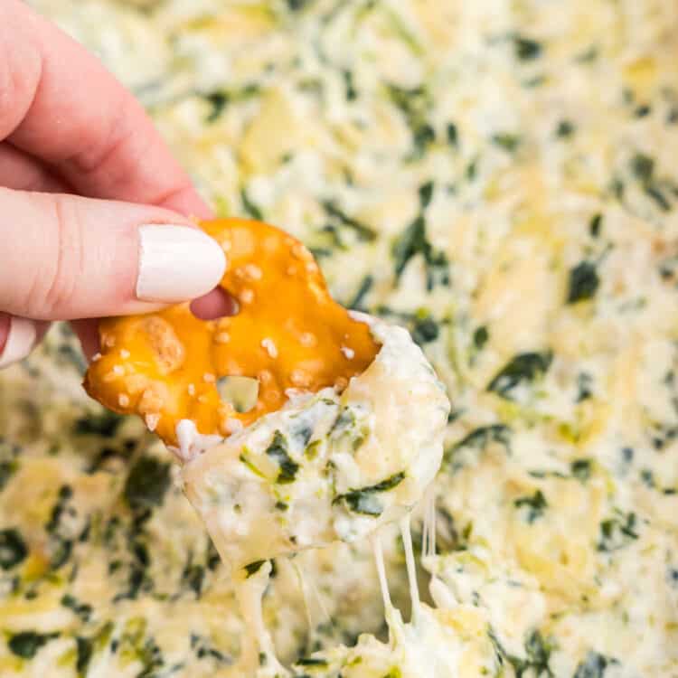 Closeup Image of Spinach Artichoke Dip using a pretzel to dip