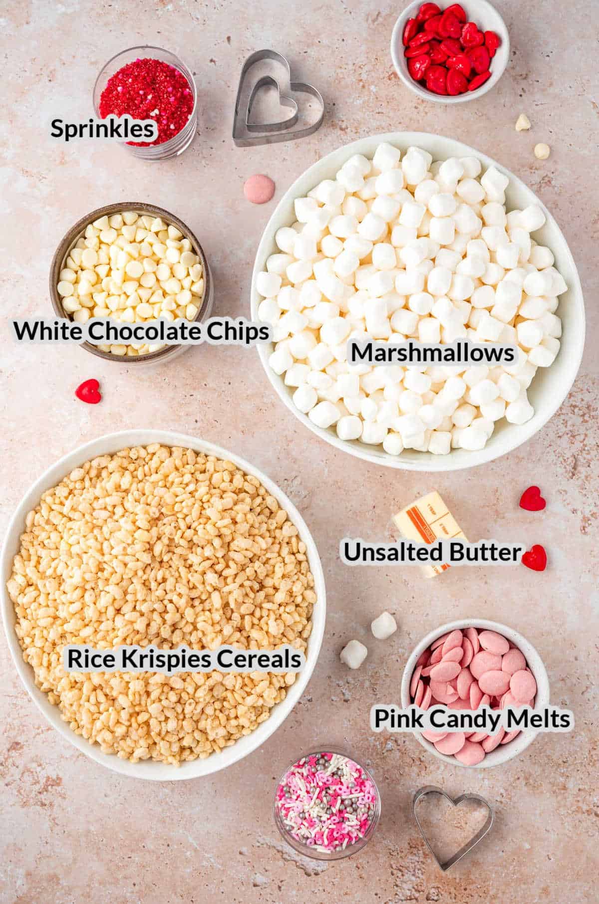 Overhead Image of the Valentines Rice Krispie Treats Ingredients