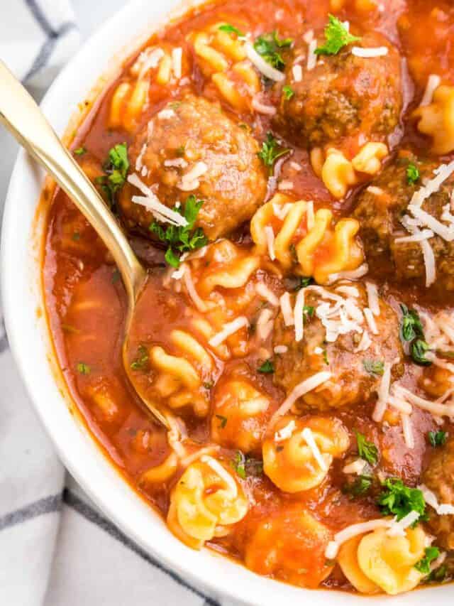 Italian Meatball Soup in bowl with spoon