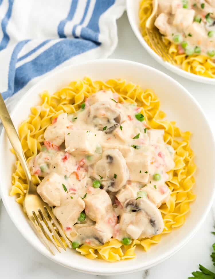 Chicken ala King recipe over egg noodles in serving bowl with fork