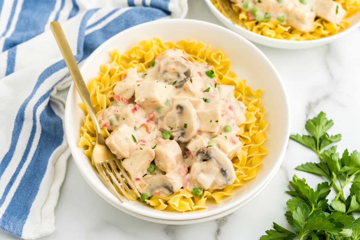 Chicken a la King over egg noodles in bowl with fork