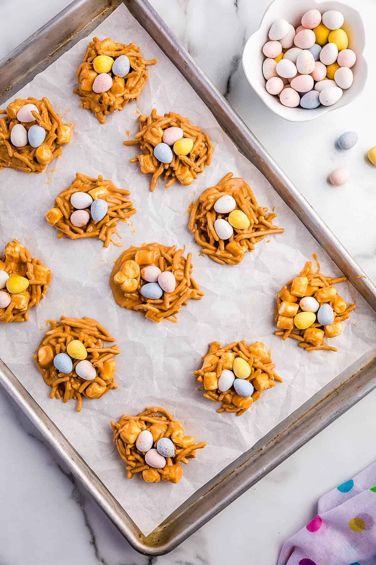 Baking Sheet full of Completed Easter Haystacks.