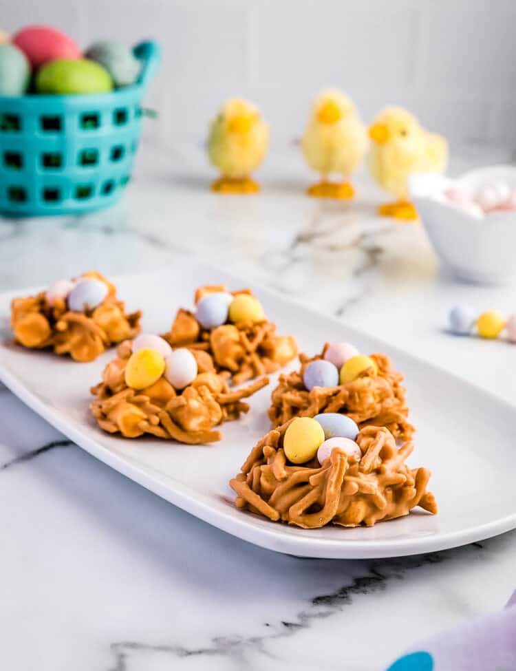 White Plate Displaying Completed and Cooled Easter Haystacks.