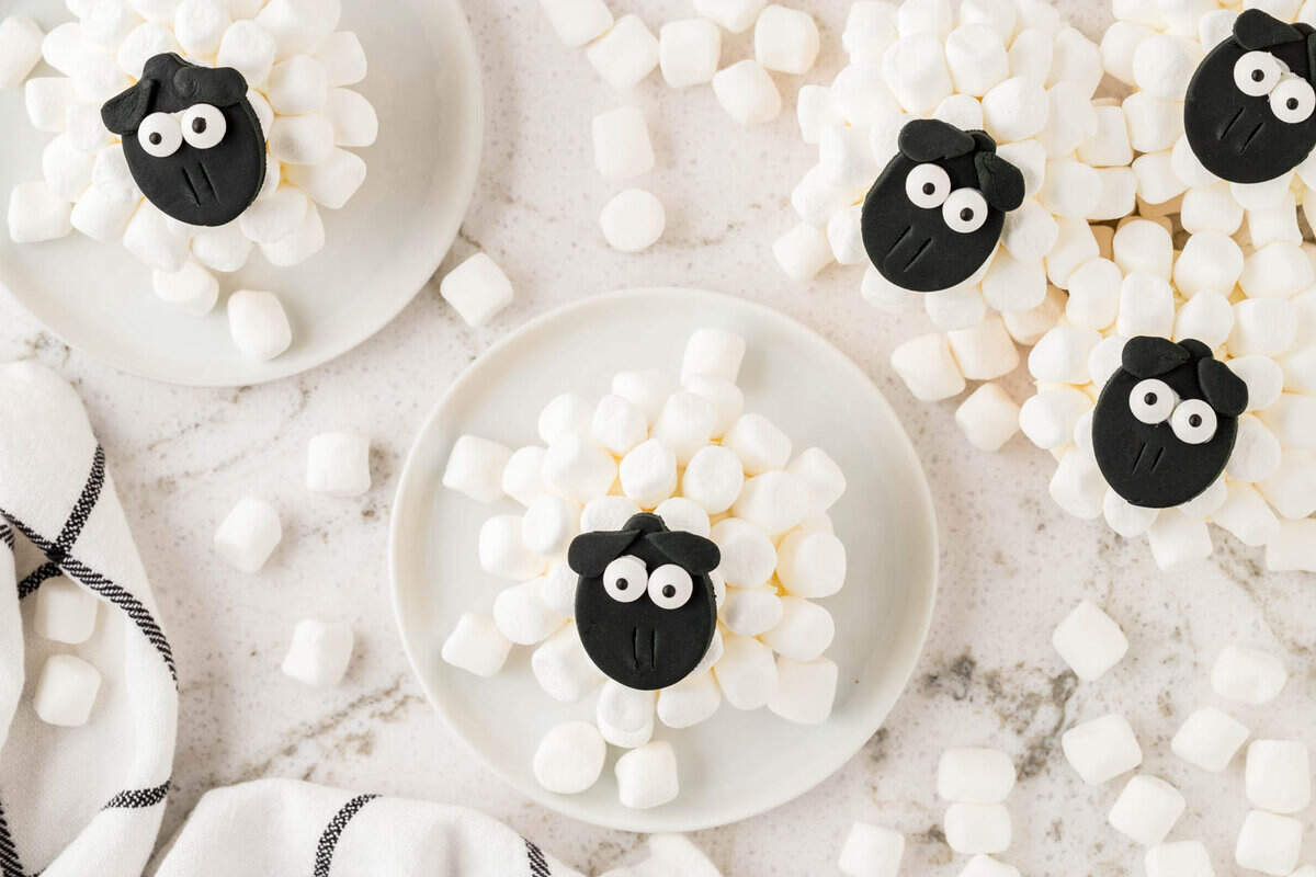 Overhead Image of Sheep Cupcakes Sitting on Plates with marshmallows all around.