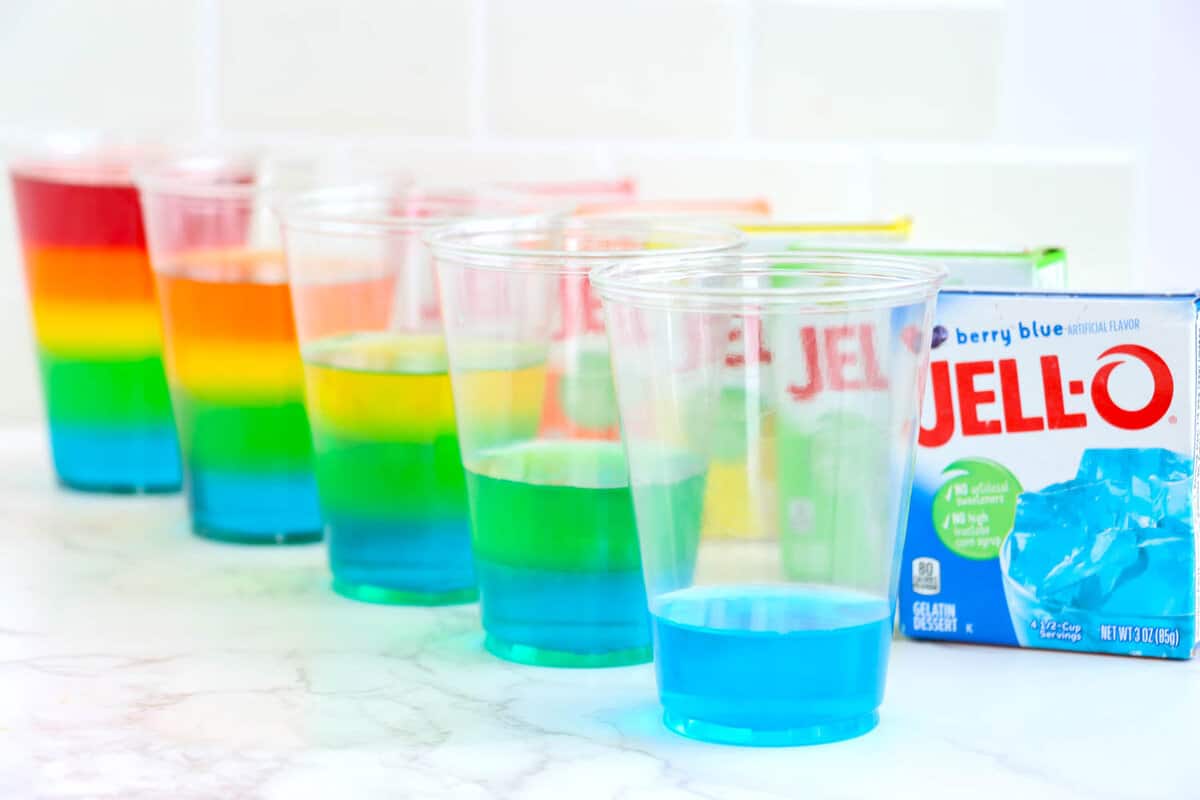 Cups of jello Showing how to fill with each color of jello