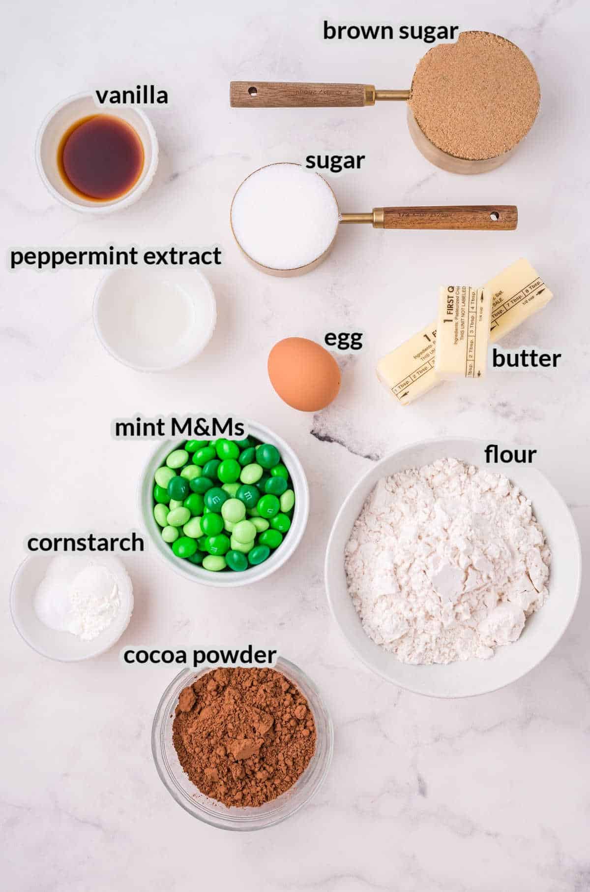 Overhead Image of the Mint M&M Chocolate Cookies Ingredients