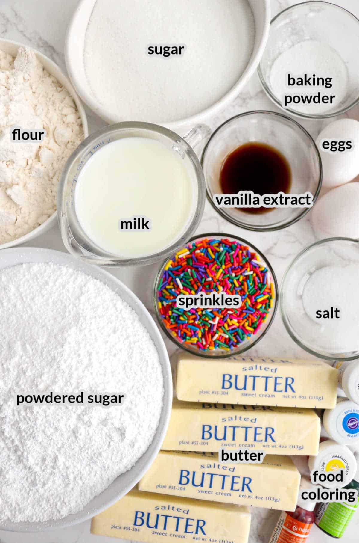 Overhead Image of the Naked Rainbow Cake Ingredients