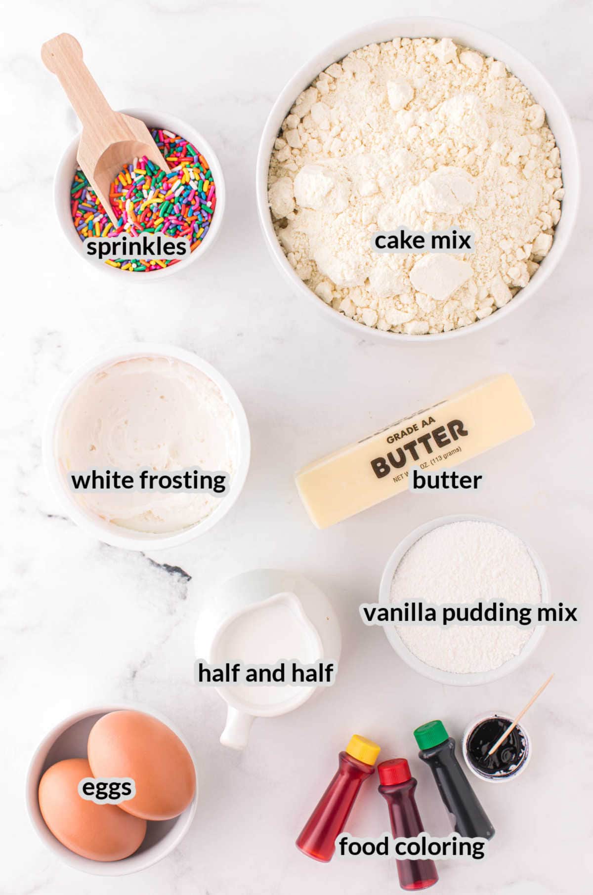 Overhead Image of the Rainbow Bundt Cake Ingredients