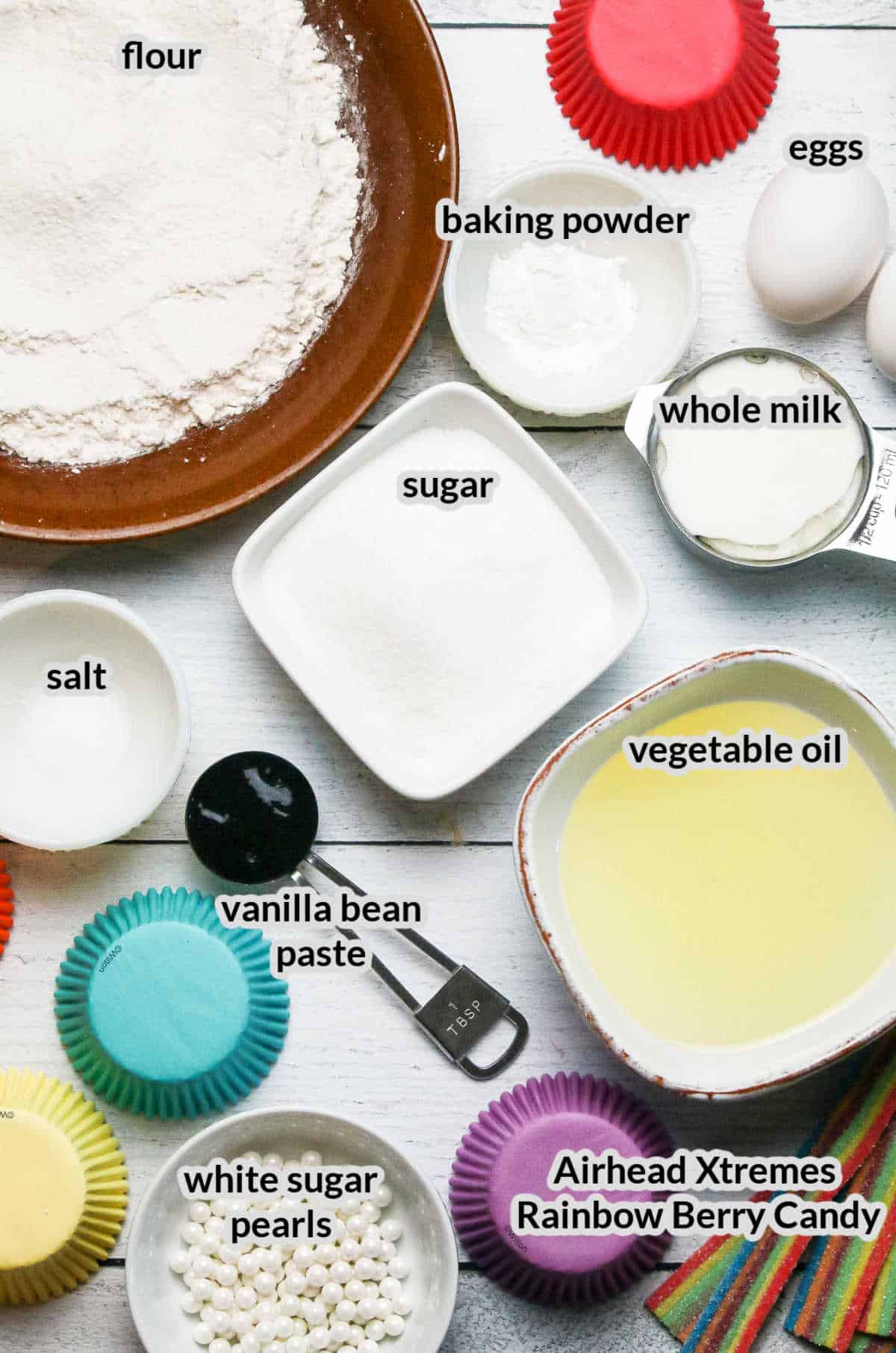 Overhead Image of the Rainbow Cupcake Ingredients