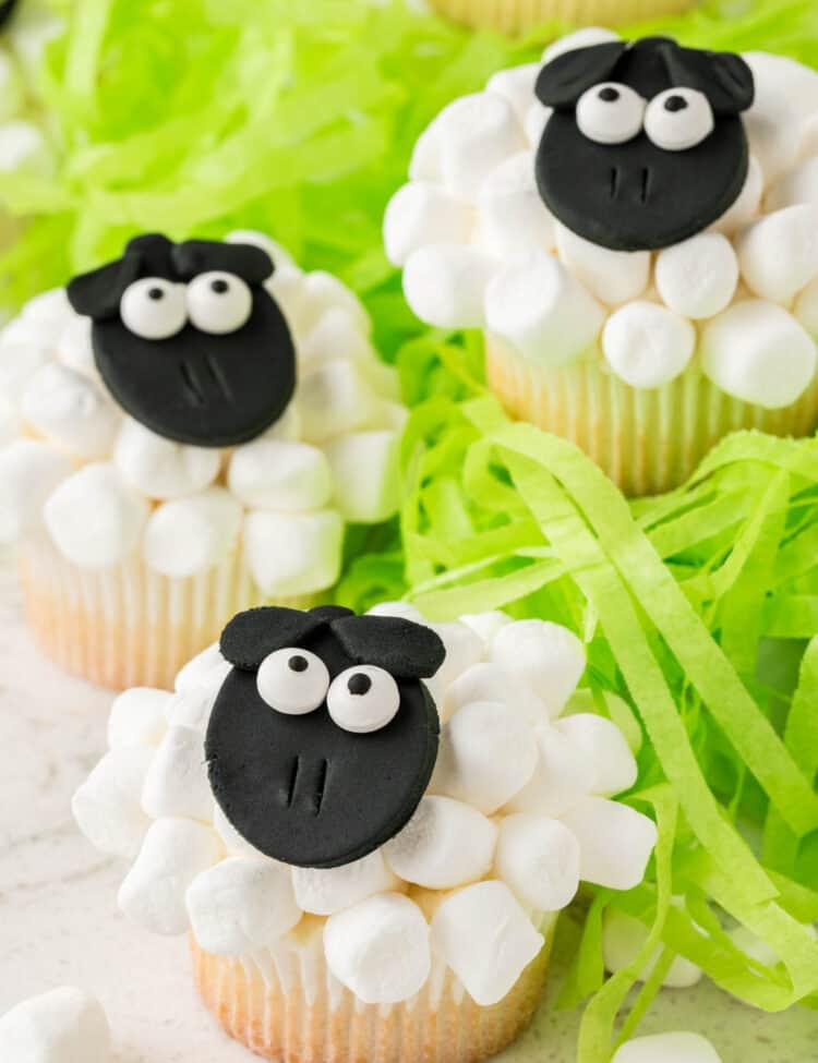 3 cupcakes with shredded green paper to make grass under the cupcakes.