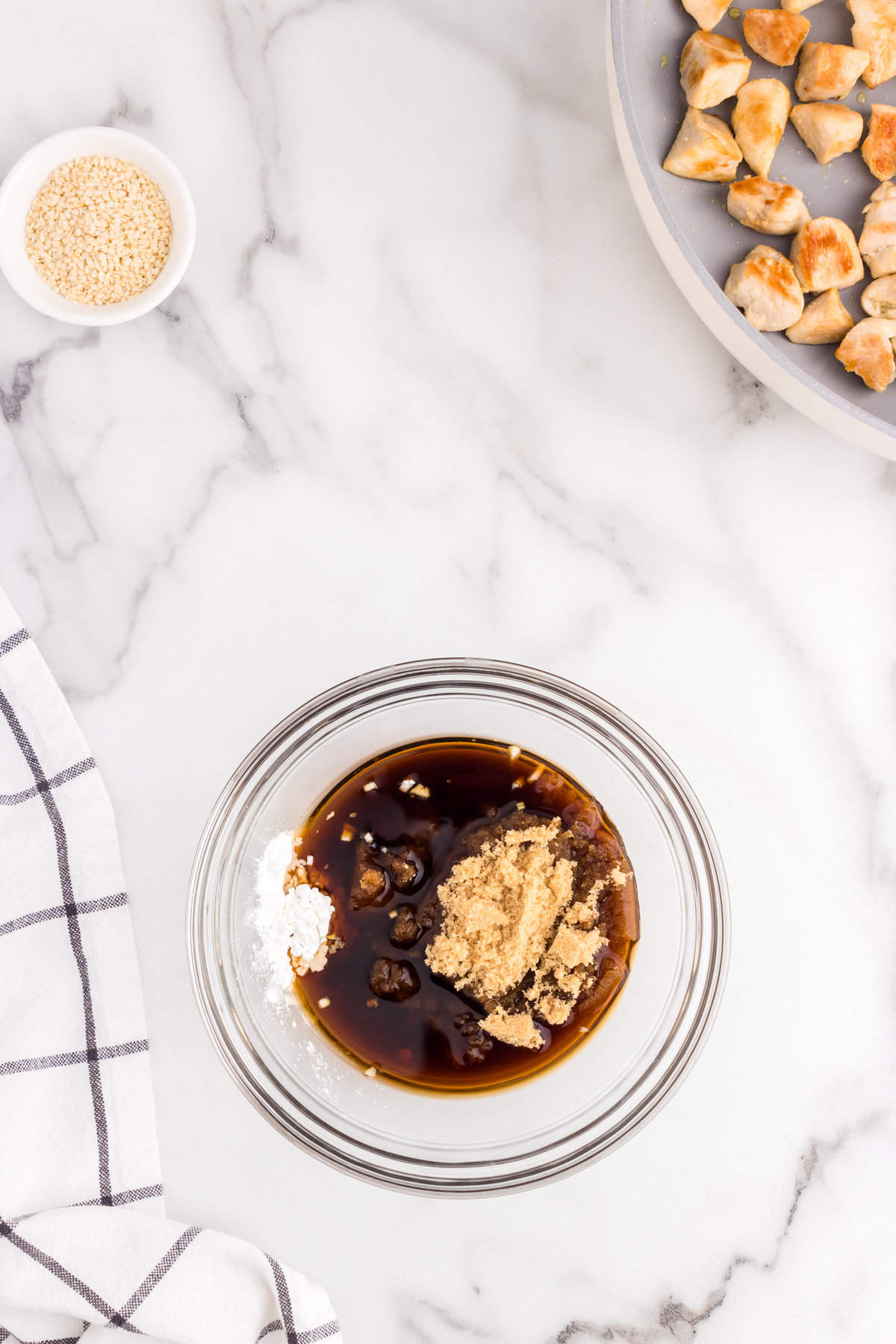 Ingredients for Teriyaki Chicken sauce in small glass mixing bowl