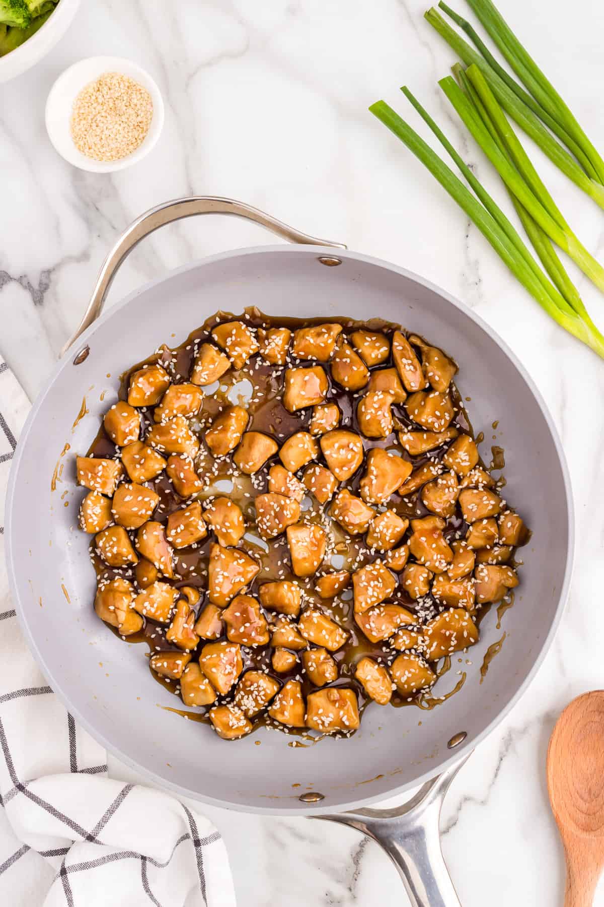 Cooked Teriyaki Chicken in stovetop skillet ready for serving