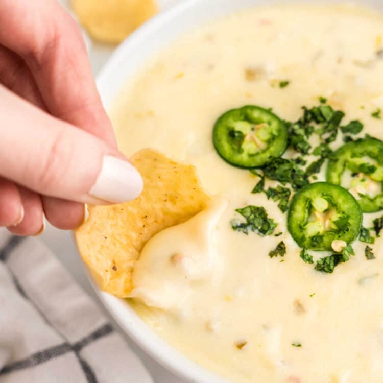 Closeup Square Image of White Queso Dip in bowl with tortilla chip