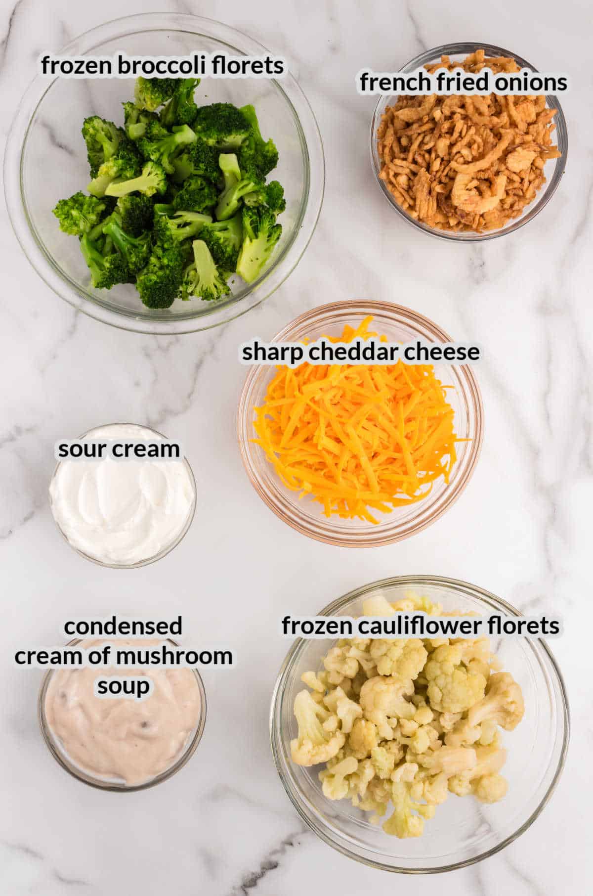 Overhead Image of Broccoli Cauliflower Casserole Ingredients
