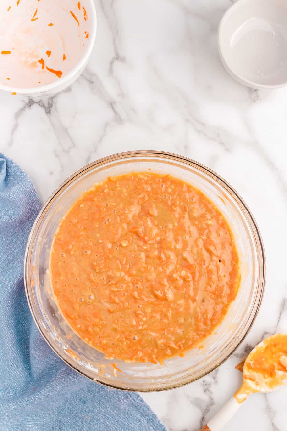 Combined Carrot Cake batter in mixing bowl