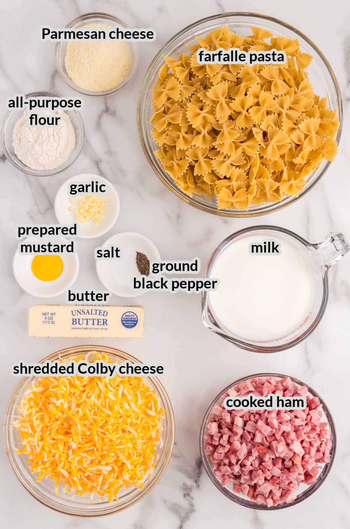 Overhead Image of Cheesy Ham Casserole Ingredients