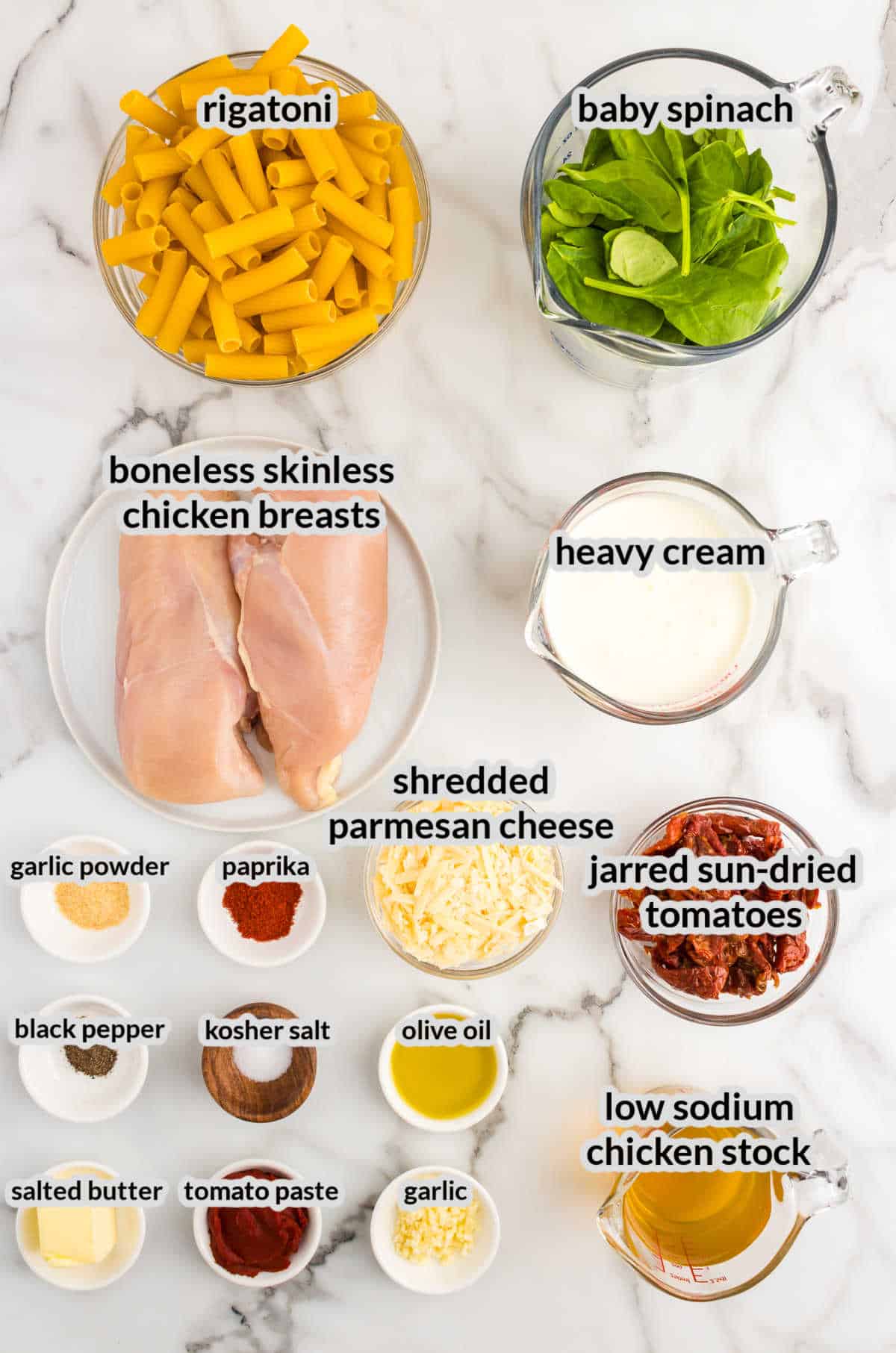 Overhead Image of Creamy Tuscan Chicken Pasta Ingredients