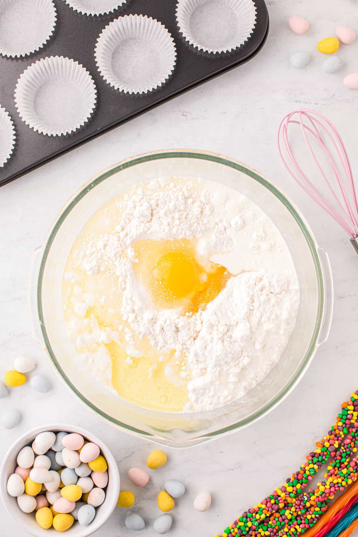 Mix together cake mix, eggs, half and half and vegetable oil until smooth.