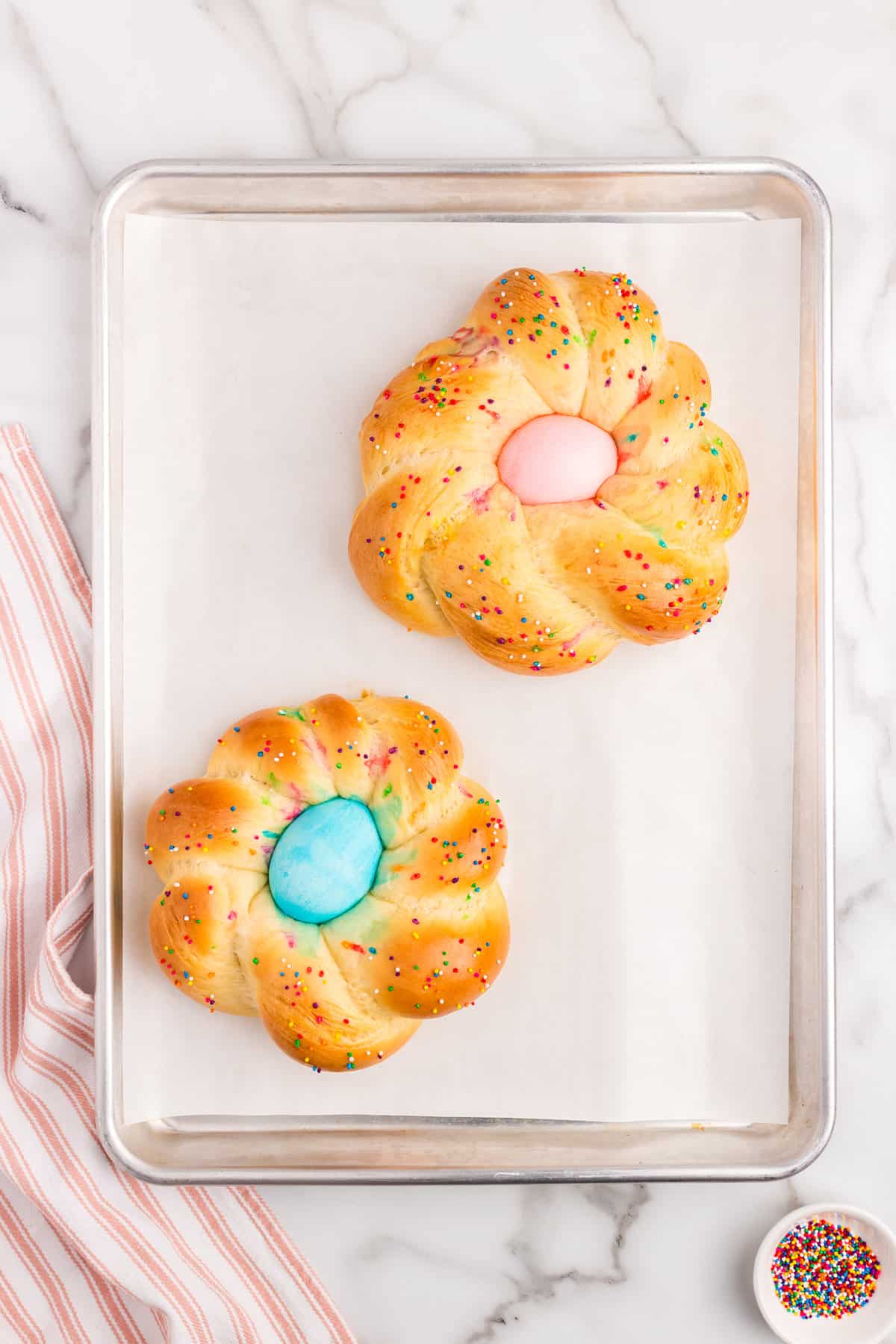 Baked Easter Bread to a perfect golden brown on baking sheet lined with parchment paper