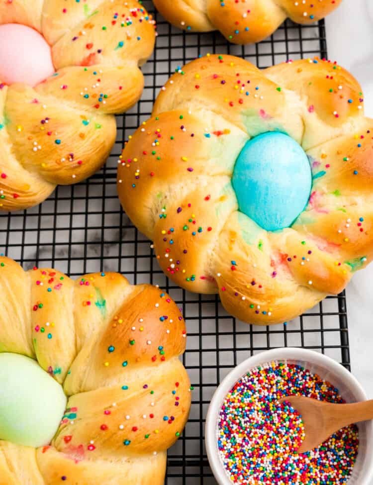 Easter Bread arranged on cooling rack with sprinkles