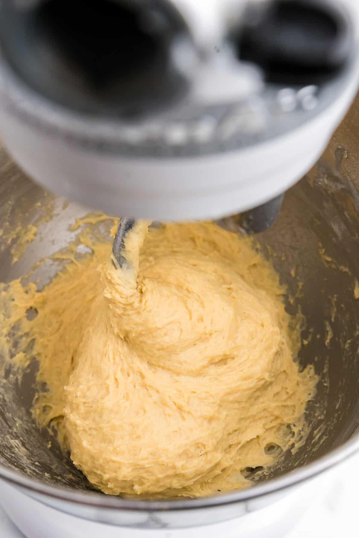 Using dough hook to mix Easter Bread dough in mixing bowl