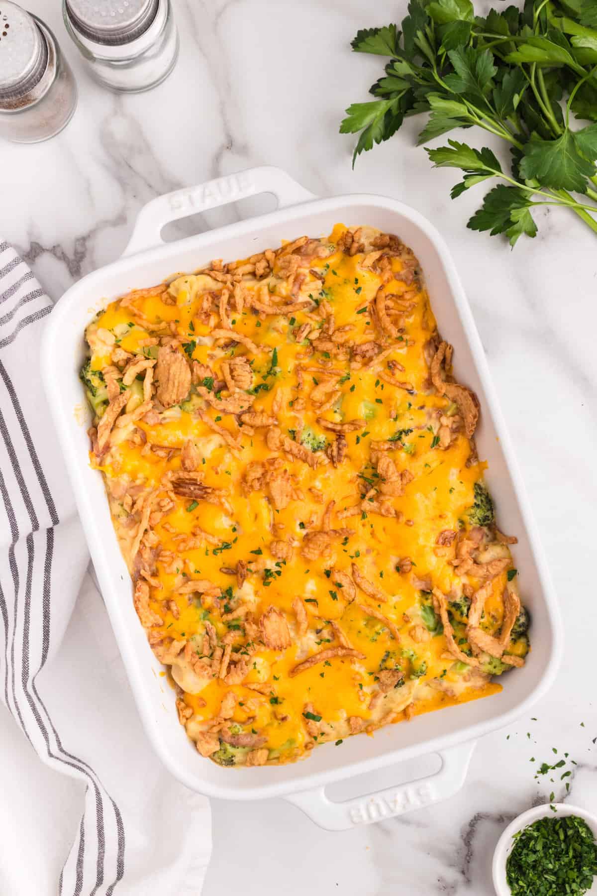 Broccoli and Cauliflower Casserole in baking dish hot out of the oven