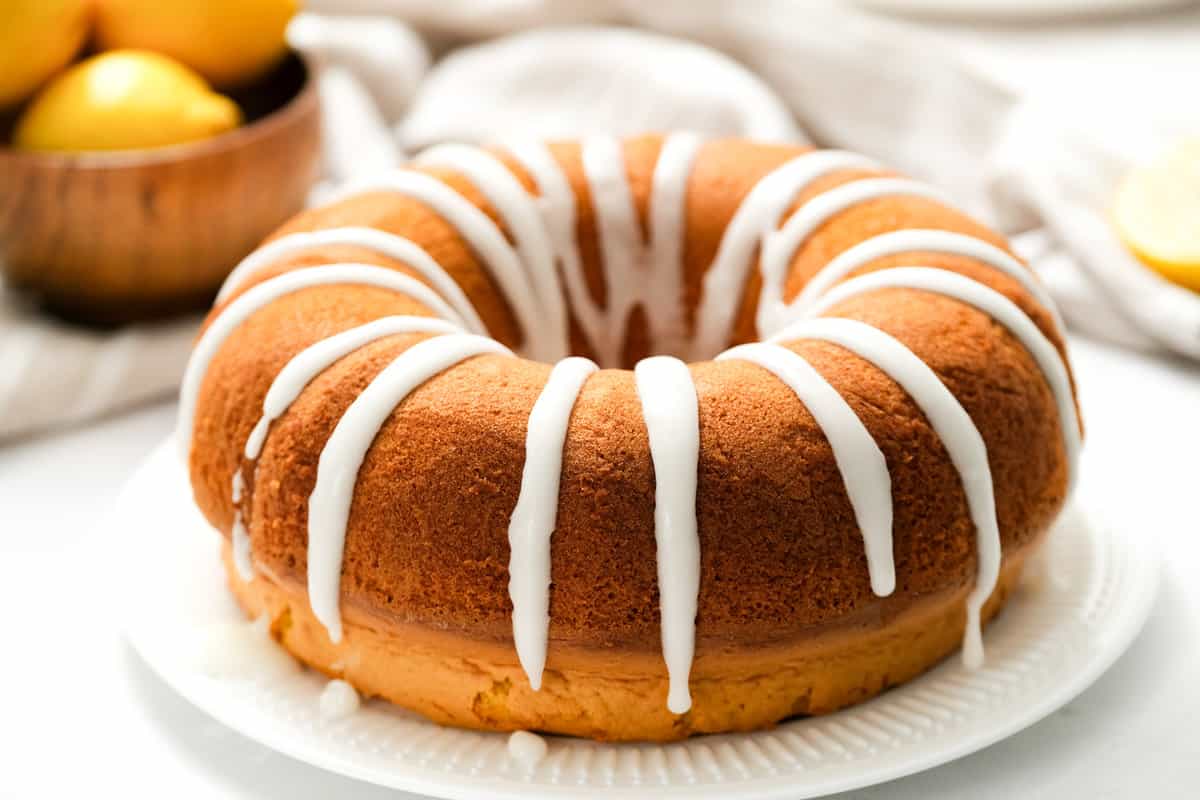 Lemon Bundt Cake using cake mix on serving plate