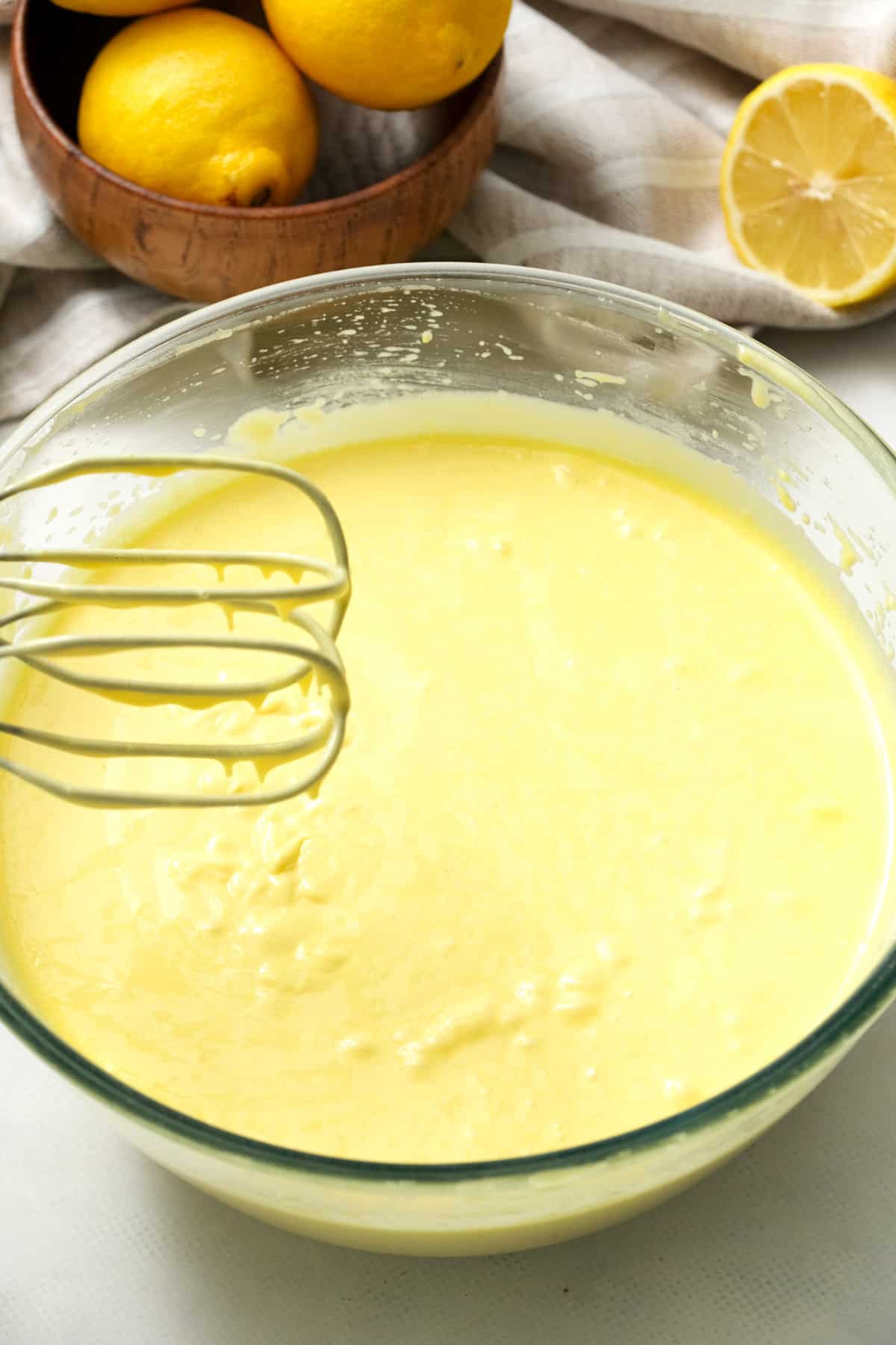 Lemon Bundt Cake Batter in Mixing Bowl