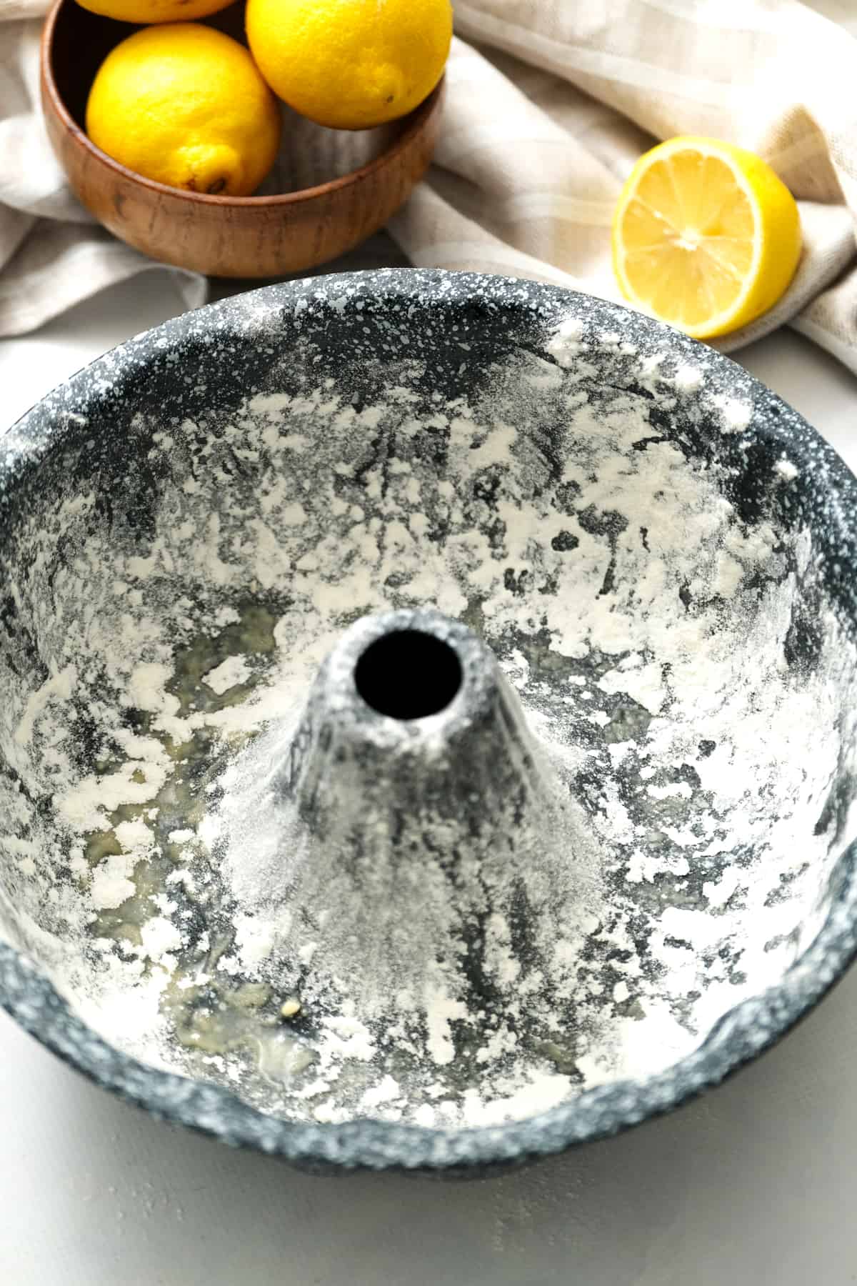 Floured bundt cake pan for Lemon Bundt Cake recipe