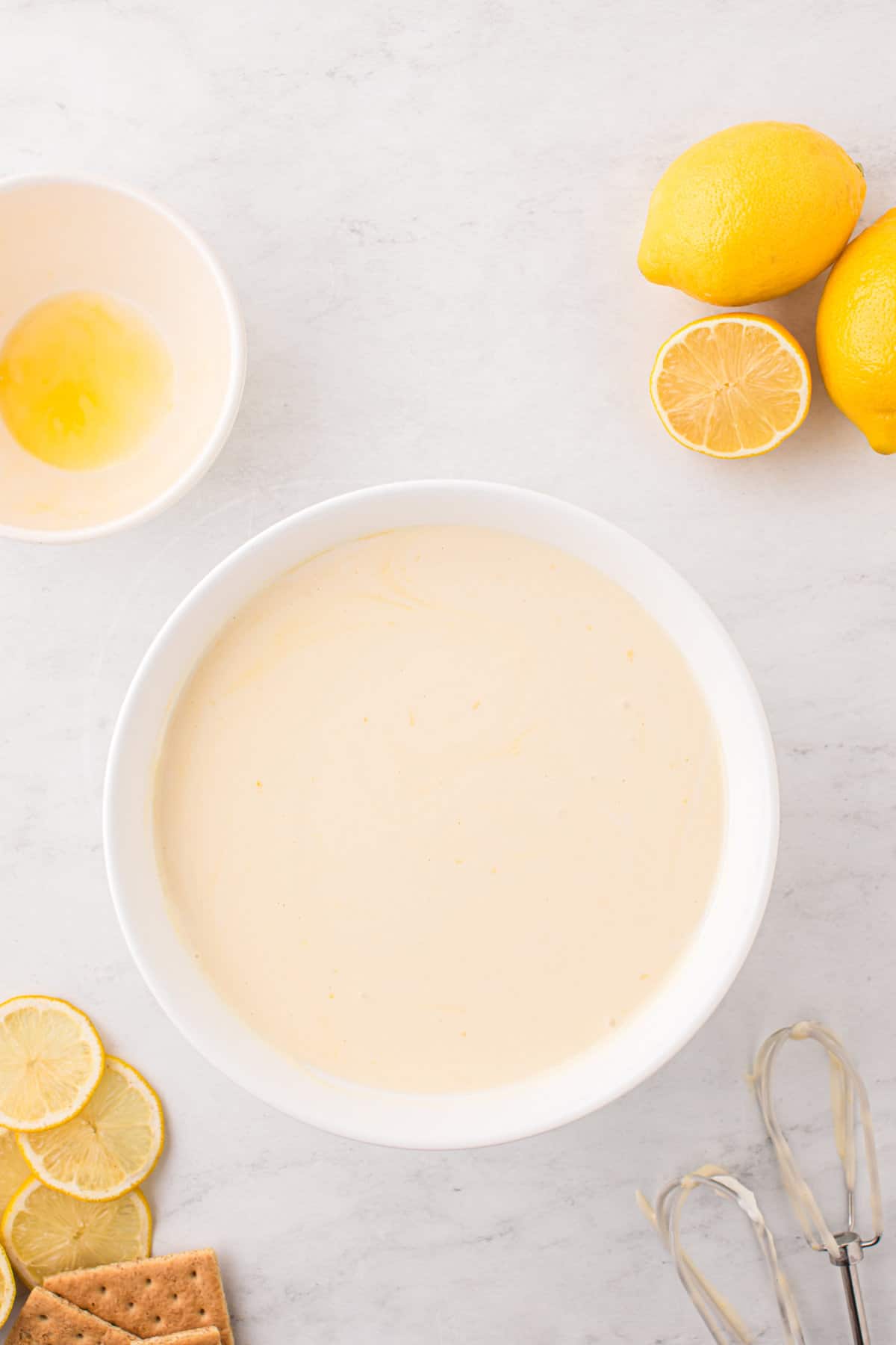 Lemon Cheesecake filling perfectly smooth and blended in bowl
