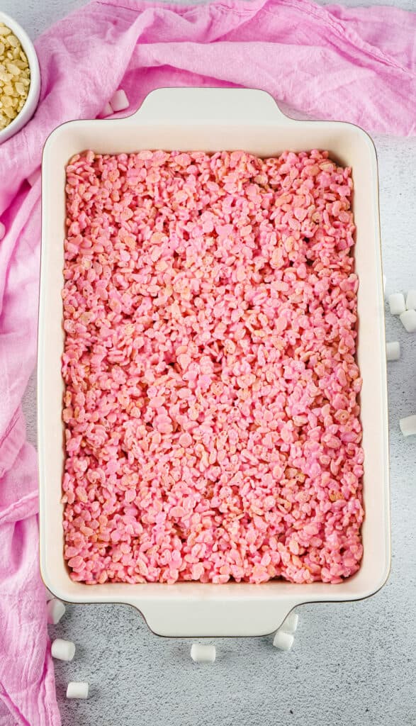 Pink Peeps Rice Krispies padded out into a pan.
