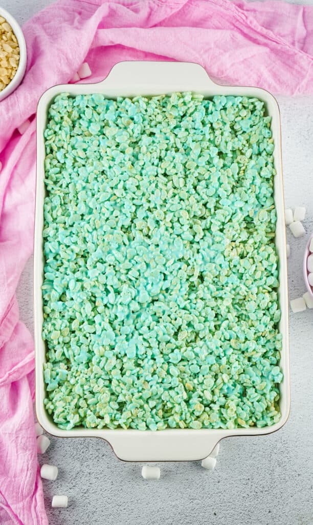 Green Peeps Rice Krispies padded out into a pan.