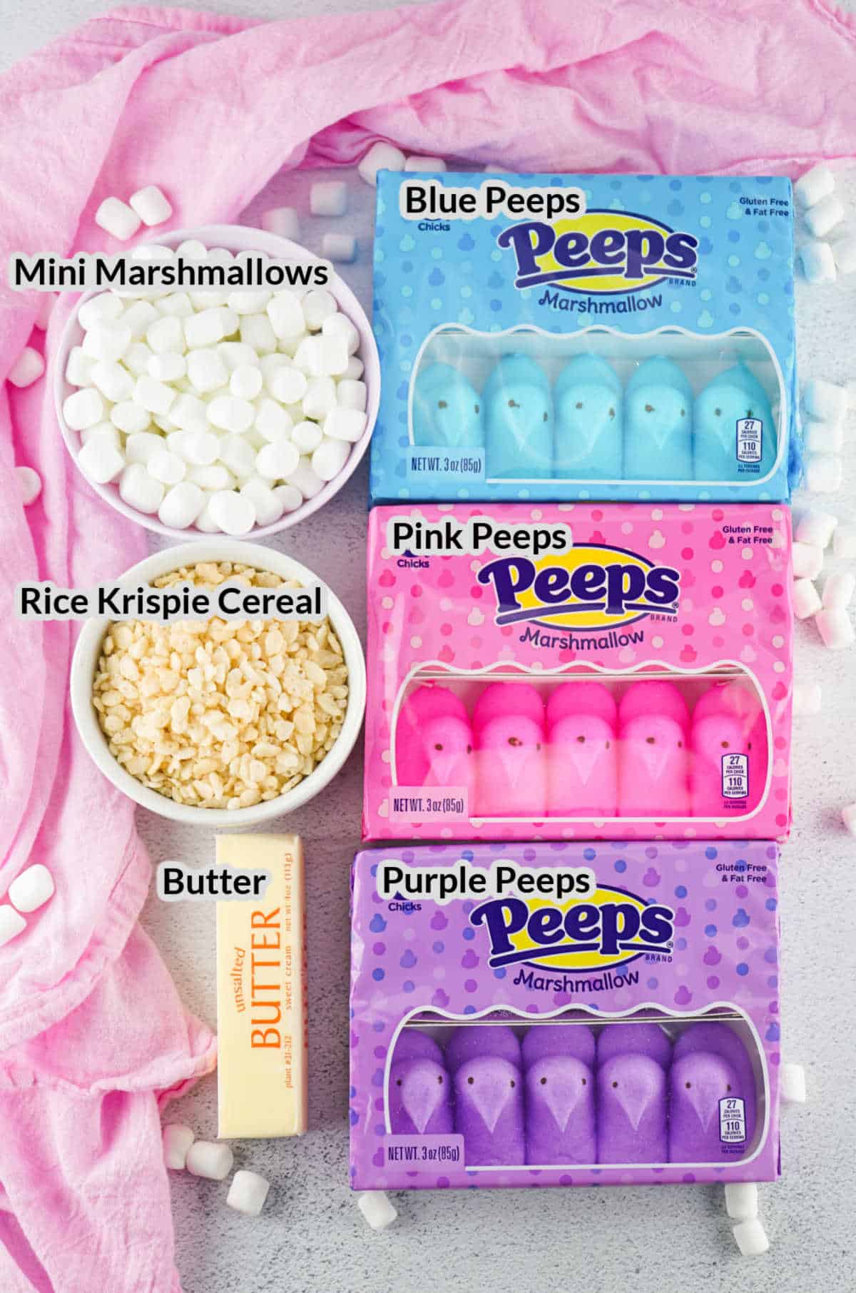 Overhead Image of the Peeps Rice Krispies Treats Ingredients