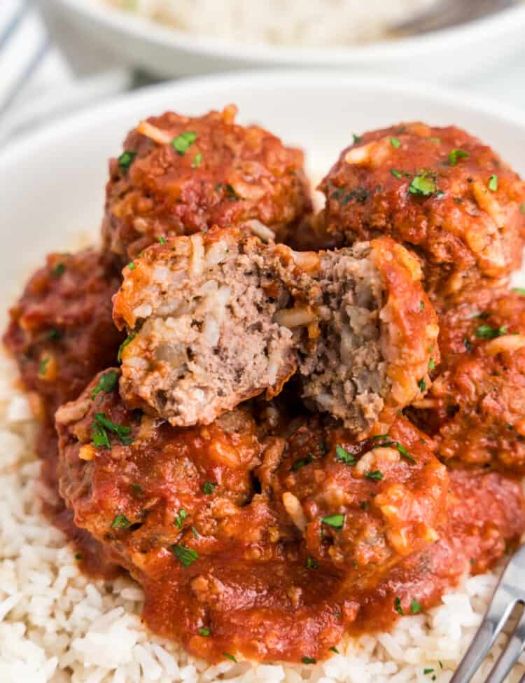 Porcupine Meatballs on bed of rice in serving bowl