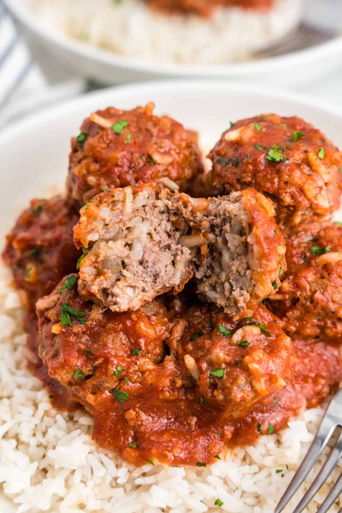 Porcupine Meatballs on bed of rice in serving bowl